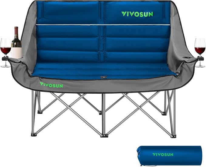 VIVOSUN Double Camping Chair, Fully Padded Folding Loveseat, Oversized Duo Chair with Cup & Wine Glass Holders, Pocket, Ar...