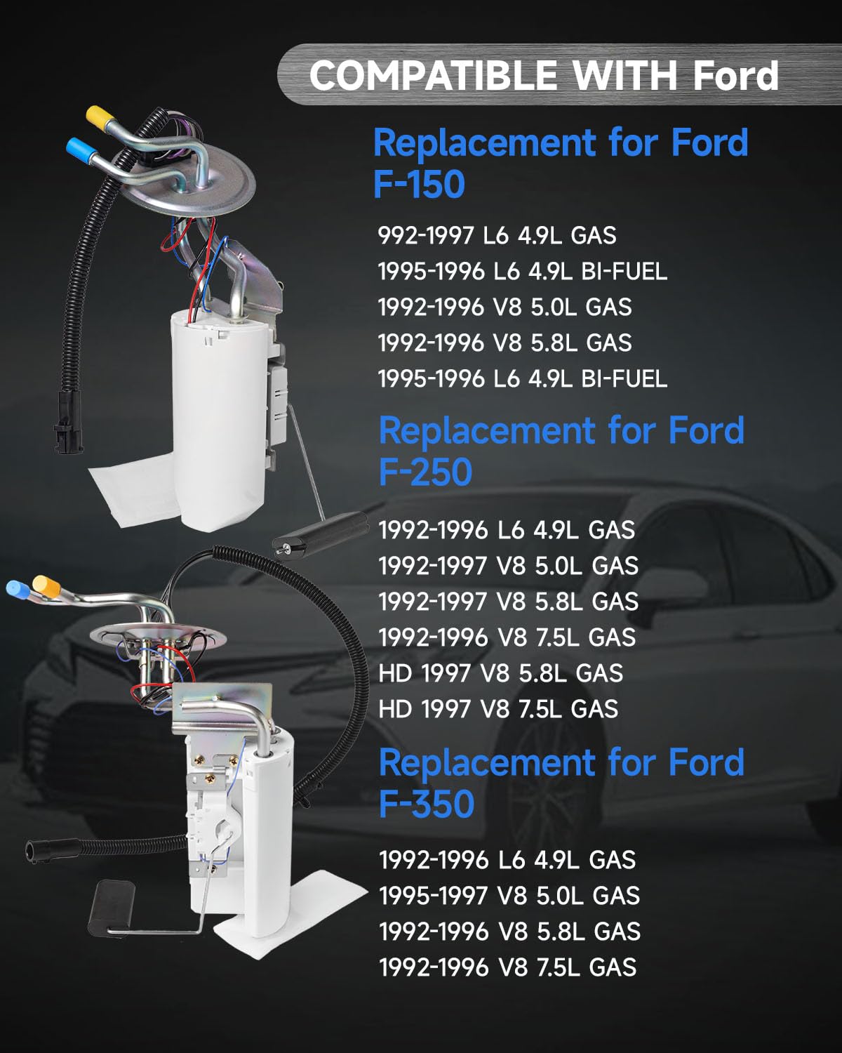 Front & Rear Fuel Pump Assembly - Compatible with Ford F-150 F-250 F-350 1992-1997 - Replacement for SP2005H 17 Gallon Midship Tank, SP2007H 18 Gallon Rear Tanks