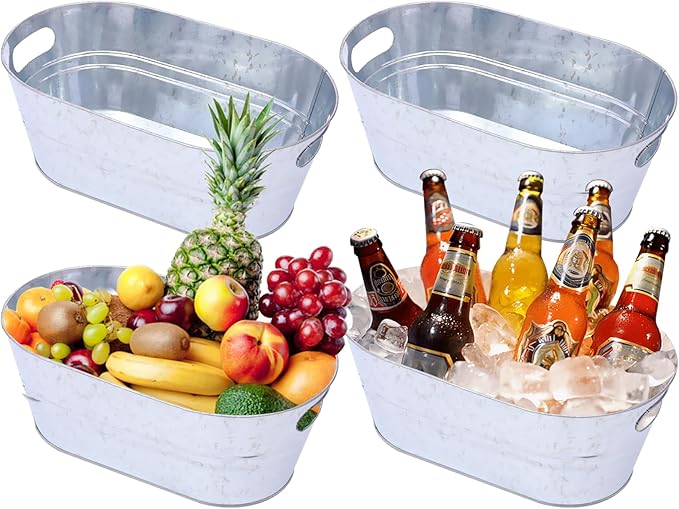 Hyuetrsa 4 Pcs Galvanized Tub 4 Gallon Ice Bucket Large Metal Drink Buckets with Carry Handles for Bar Party Supplies, Col...