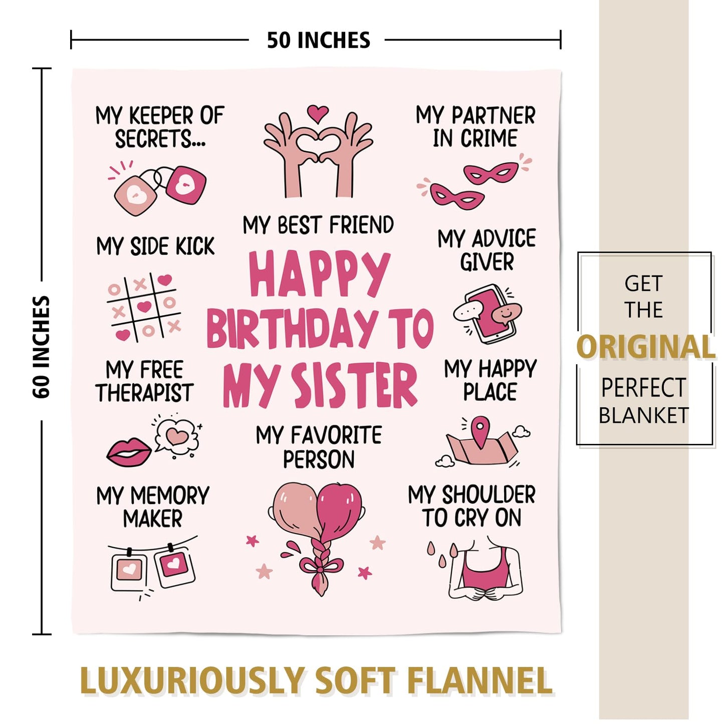 Afterprints Funny Sister Birthday Gifts Blanket, Happy Birthday Gifts for Sisters from Sister, Brother, Women Girls, Best Friend, Soft Throw Blanket 50''x60''