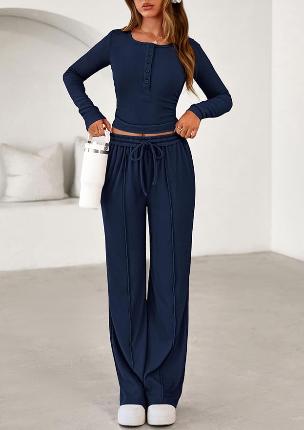 PRETTYGARDEN Women's 2026 Fall Trendy 2 Piece Outfits Lounge Sets Long Sleeve Top Henley Shirts Wide Leg Pants Travel Clothes
