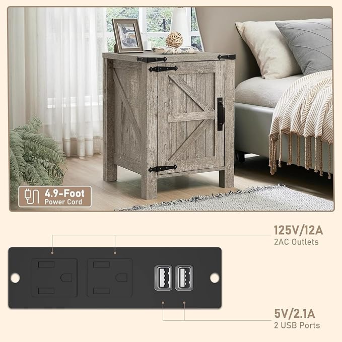 OKD Farmhouse Nightstand Set of 2 with Charging Station, 18 Inch Rustic End Table with Barn Door Cabinet, Adjustable Storage Shelf, Wood Sofa Side Table for Living Room, Bedroom, Light Rustic Oak