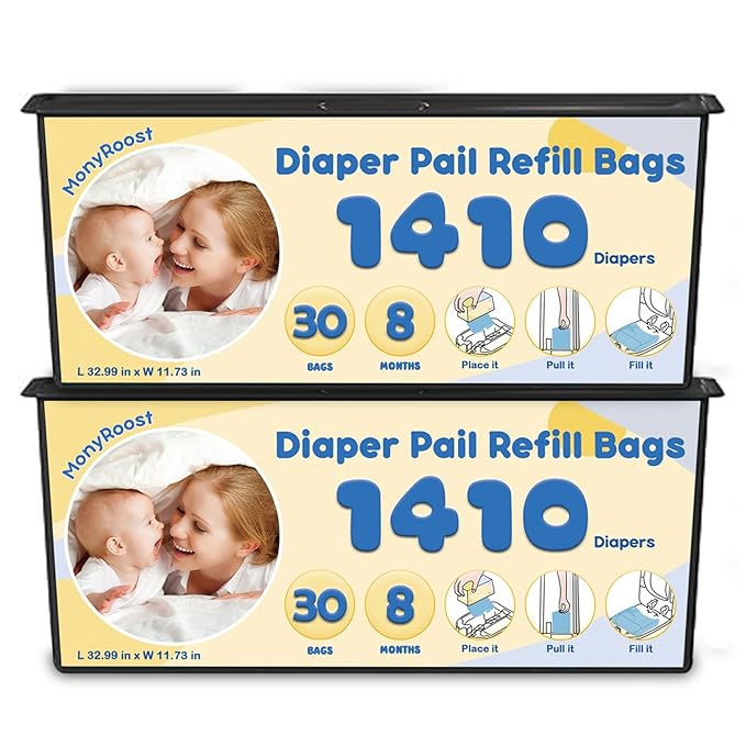 Diaper Pail Refills Bags Compatible with Genie Easy Roll Signature & Platinum Diaper Pails | Holds Up to 1410 Newborn Diapers Per Refill — Unscented, Odor Locking, 2Pack(60 Bags)