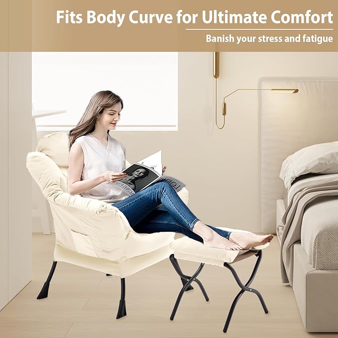 Youtanic Lazy Chair with Folding Ottoman, Accent Chair Velvet Upholstered with Metal Structure and Non-Slip Pads, Sofa Armchair with Footrest and Side Storage Bag for Dorm, Room, Office, Beige