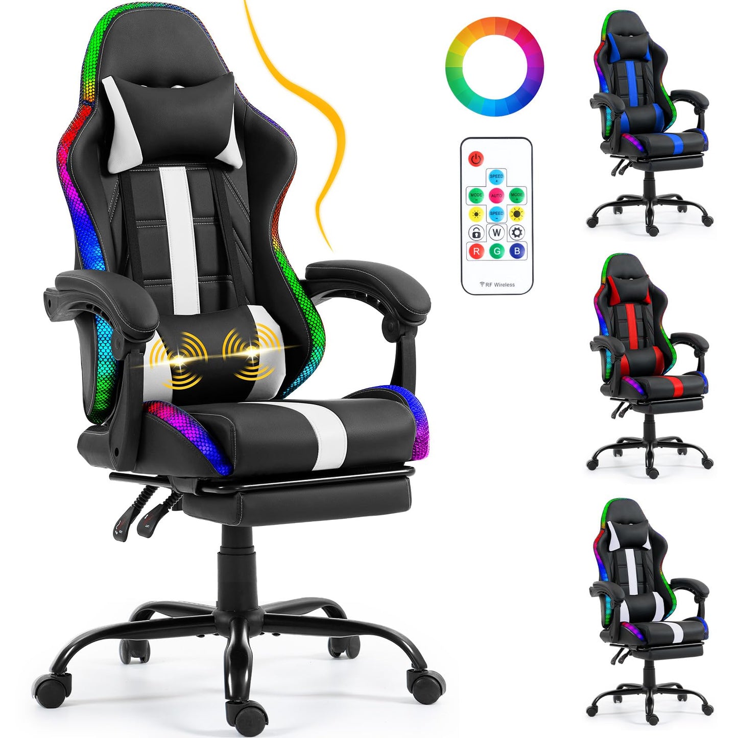 ECOTOUGE Massage Gaming Chair, Video Game Chair with LED Lights, Ergonomic Computer Chair with Footrest and Lumbar Support, Height Adjustable High Back Office Desk Chair, White