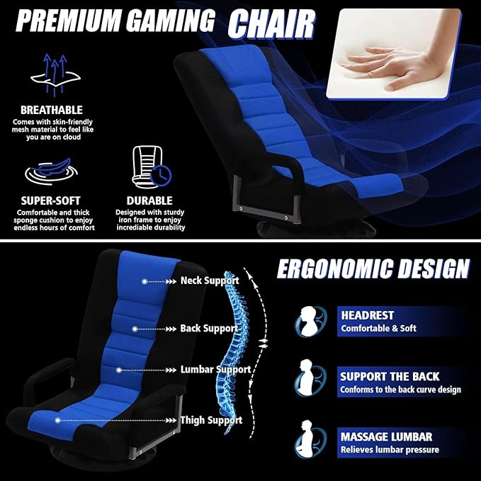 ACIPENSER Swivel Gaming Chair Multipurpose Floor Gaming Chair for Playing Video Games, TV, Reading w/Armrest Lumbar Support & 6 Adjustable Postion Backrest for Adults & Kids,Blue