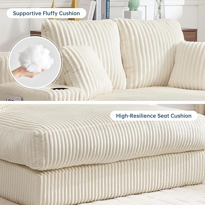 Asukale 60" Oversized Chaise Lounge Chair Indoor, Boneless Cloud Chair Bed with 4 Pillows & Armrests, No Assembly Corduroy Upholstered Sofa for Living Room, Bedroom, Apartment(Beige)
