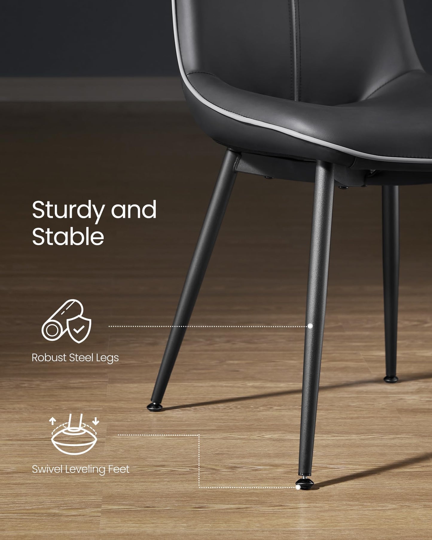 VASAGLE Leather Dining Chairs Set of 2, Comfortable Upholstered Seat Dining Room Chairs with Swivel Leveling Feet, Curved Backrest Kitchen Chair for Living, Restaurant, Easy Assemble, Ink Black