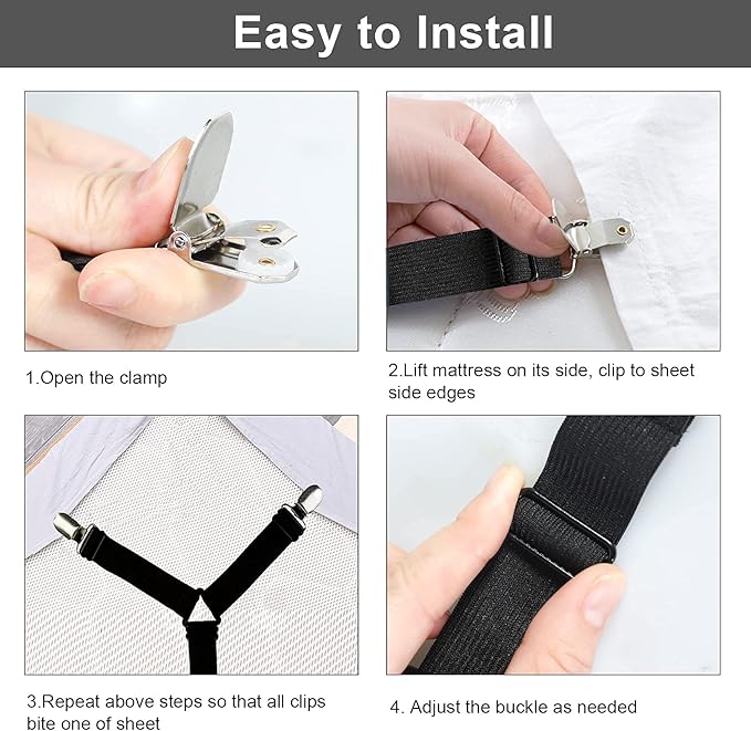 Attmu Bed Sheet Straps, 2 Pack Fitted Bed Sheet Fasteners Clips Adjustable Crisscross Bed Sheet Holder Straps for Corners Mattress Sheet Suspenders Grippers Bedding Accessories, Black
