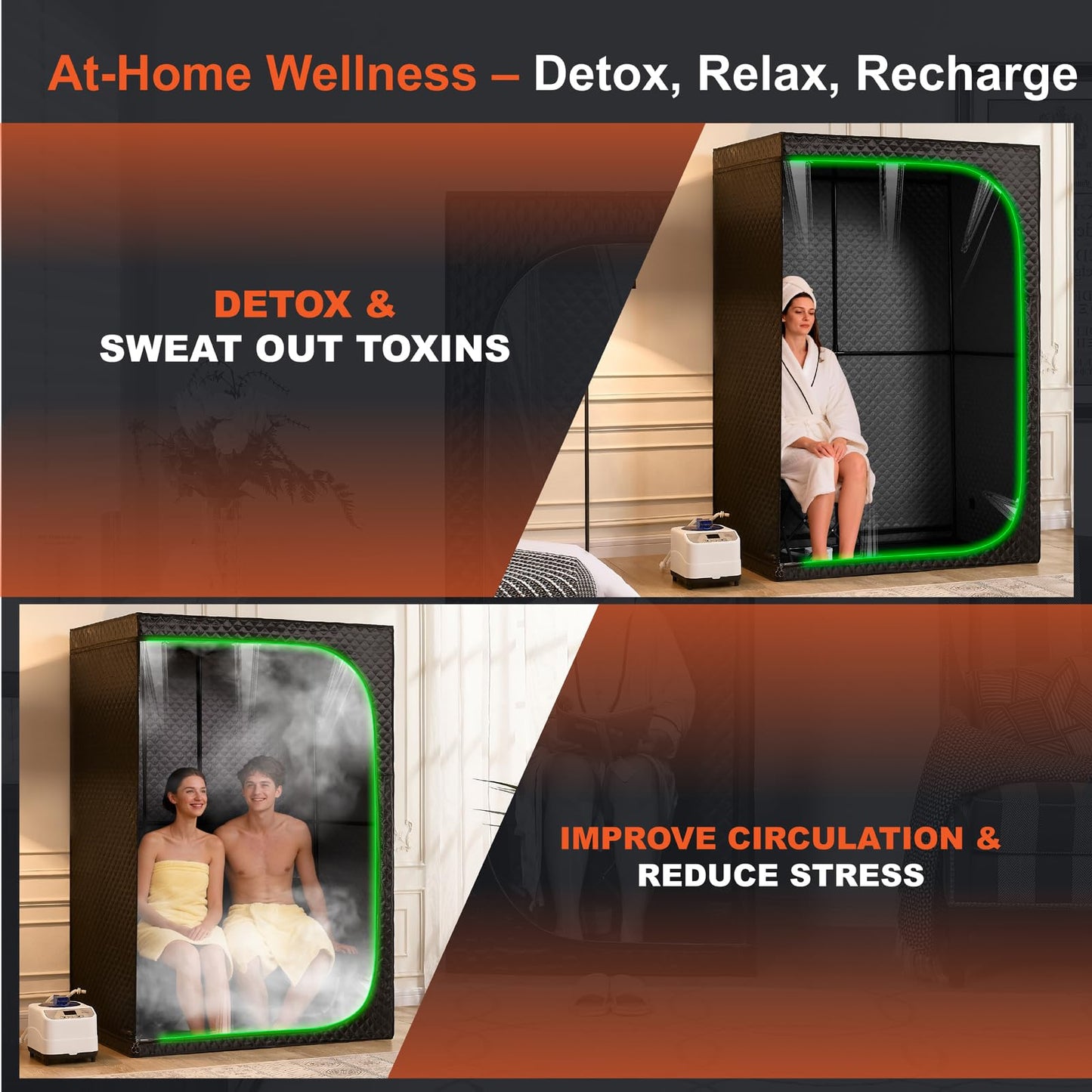 UNANEST Portable Steam Sauna Tent for Home, Full Body Relaxation, Fast Heating, Foldable Indoor Sauna (Double Square, Polyester + PVC)
