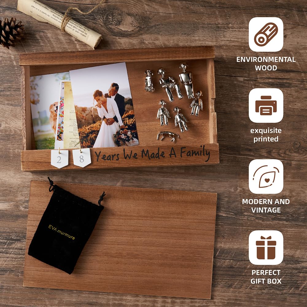 EVA murmure Personalized Romantic Wedding and Anniversary Keepsake Box with Family Statue - Wooden Memory Picture Box for Cherished Keepsakes and Ticket Storage - Elegant Couple Gift