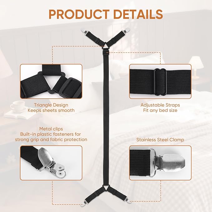 Bed Sheet Holder Straps, 2Pcs Elastic Adjustable Bed Sheet Grippers,Fitted Sheet Holder Keep Sheets in Place, Enhance Sleep Experience, Black