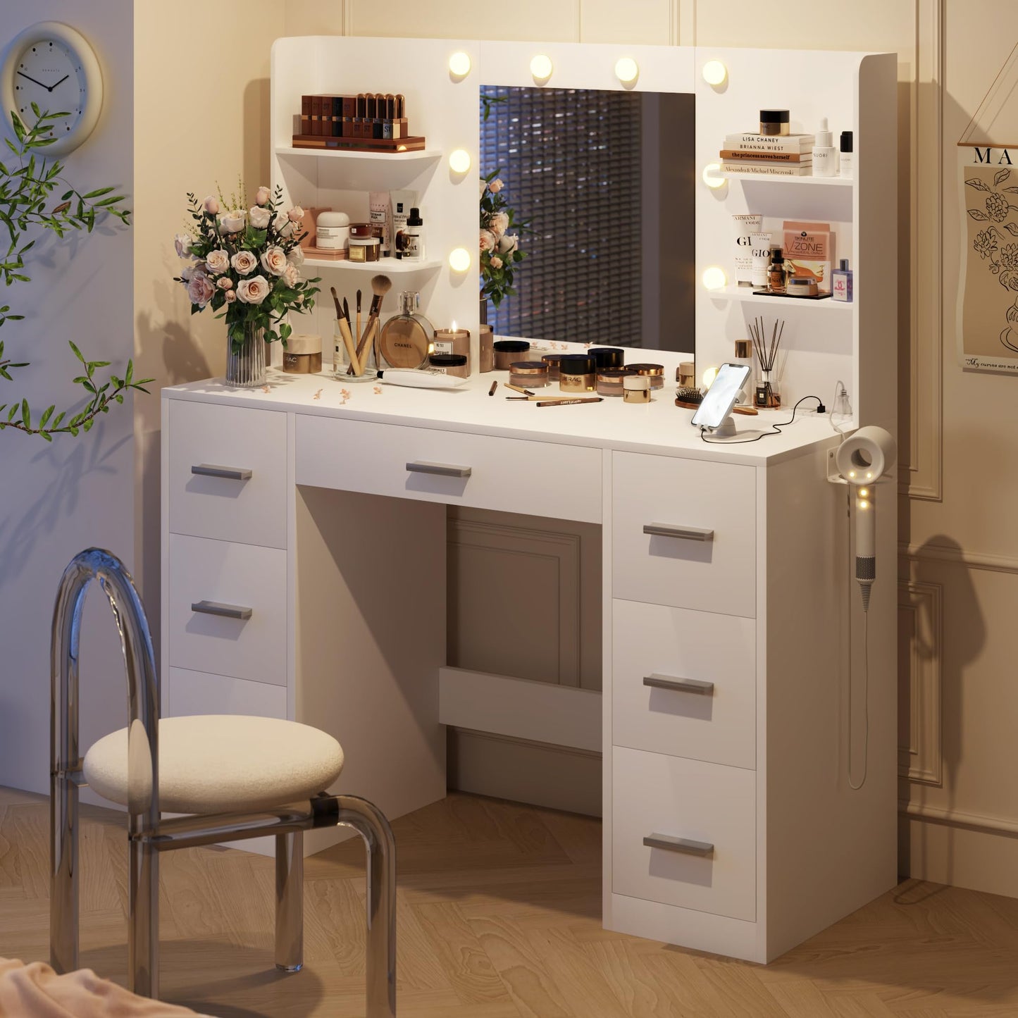 YESHOMY Vanity Desk with Mirror, Power Outlet and 10 Lights, Makeup Table with 7 Drawers, 3 Color Modes Available for Bedroom, Milk White