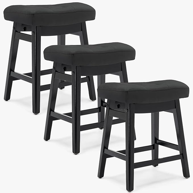 RNKSFX Counter Height Black Bar Stools Set of 3 for Kitchen Counter, Backless Farmhouse Kitchen Island Barstools with Upholstered Faux Leather Saddle Seat and Solid Wood Legs Modern 24 inch Bar Chairs