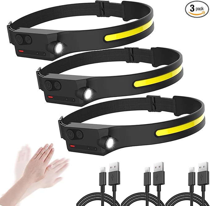 LED Headlamp Rechargeable with Motion Sensor USB Head Lamp Comfortable Headband with Wide Beam 5 Modes 350 Lumen Ultra Bri...