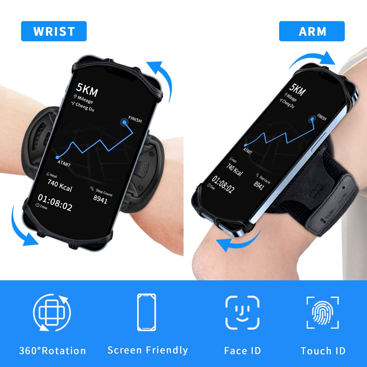 Hlomom Wristband Phone Holder For Running, 360Rotation & Detachable Sports Armband With Key Holder For Iphone 16/15/14/13/12/11/