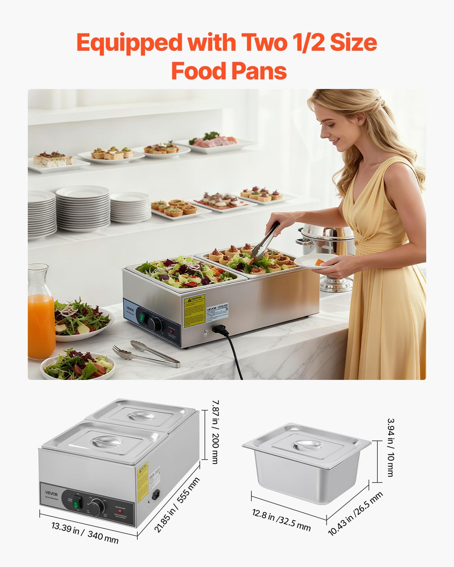 VEVOR Commercial Food Warmer, 1200W Electric Stainless Steel Steam Food Warmer, Fast Heating Countertop Buffet Bain Marie with Two 1/2 Size Food Pans, for Catering, Restaurants, Parties & Buffets