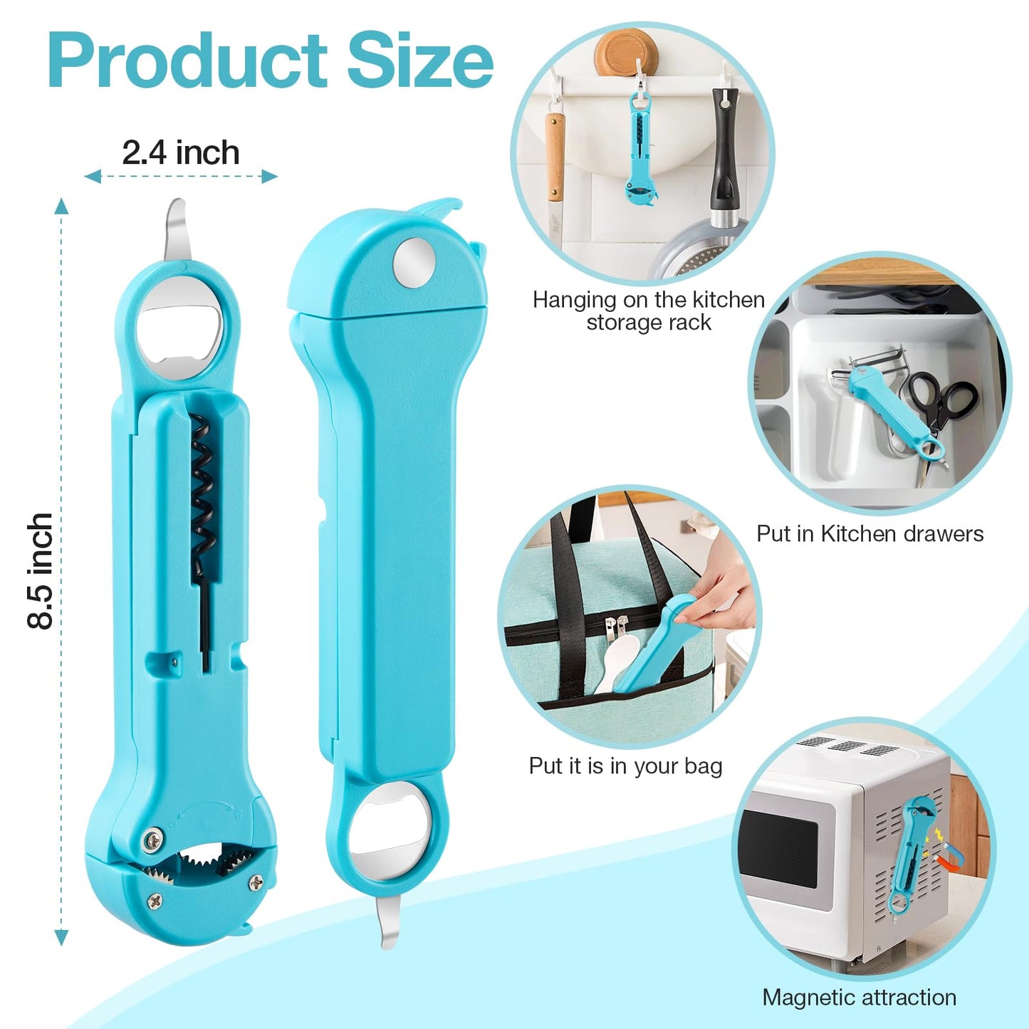 UYWLYCL Jar Opener Bottle Opener and Lid Opener for Seniors with Arthritis, Weak Hands, Multi 7 in 1 Retractable Magnetic Can Opener, Original Kitchen Wine Opener Gadgets (Cyan)
