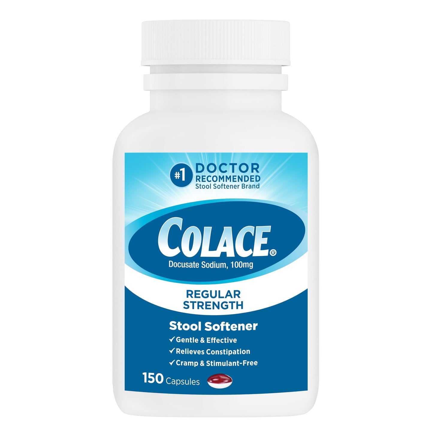 Colace Stool Softener 100 mg, 150 Capsules, Constipation Relief, Docusate Sodium, Gentle Docusate, Stimulant-Free, Regular Strength, #1 Doctor Recommended Stool Softener Brand