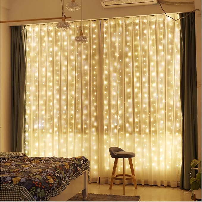 ZSJWL 300 LED Curtain Fairy Lights with Remote, 8 Modes 9.8 × 9.8 Ft Curtain String Light USB Plug in, Twinkle Silver Wire...
