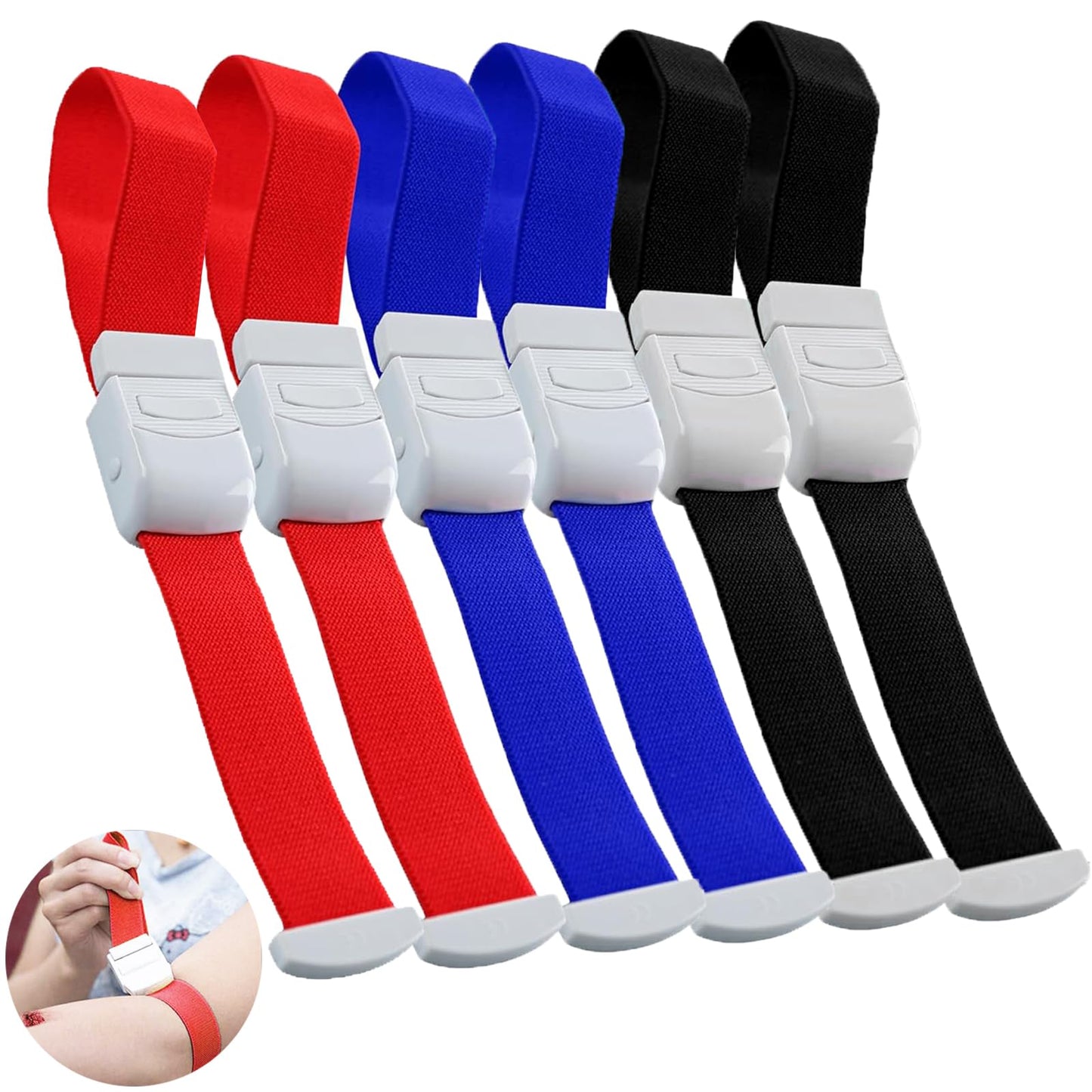 6Pcs Tourniquets, Emergency Tourniquet Buckle Band, Elastic First Aid Tourniquets, Single-Handed Application for Home Outdoor Sport Camping Hiking Emergency (6Pcs-Colorful)
