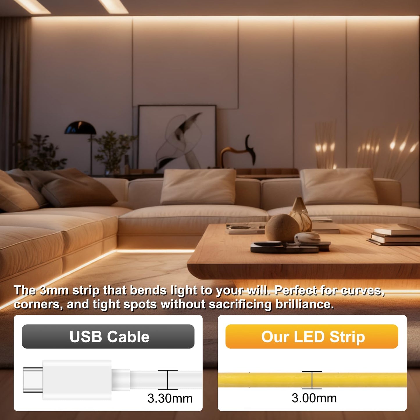 3mm COB Strip Light, DC 24V Blue 16.4ft Flexible Cuttable Ultra-Thin LED Tape CRI>90 Uniform Dotless 400LEDs/M LED Light for for Christmas Bedroom Home Kitchen Cabinet Decor (NO Power Supply)