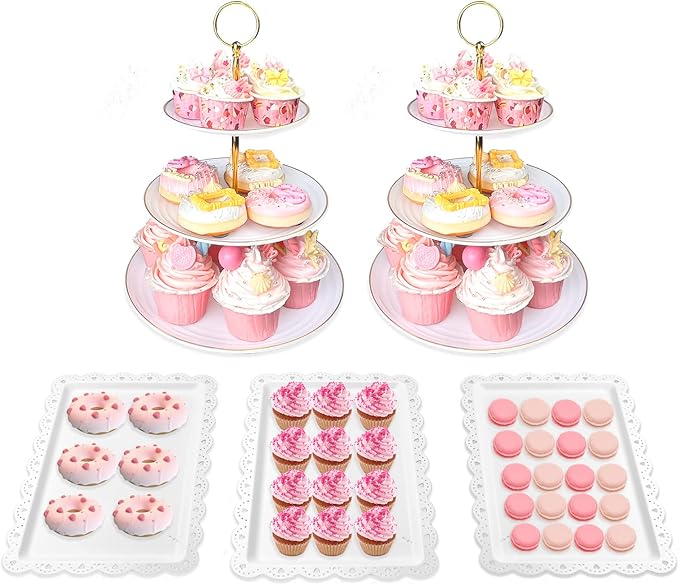Cake Stand Set-5 Pcs Cupcake Stand Set-Dessert Table Display Set with 2xlarge 3-Tier Cupcake Stands + 3X Appetizer Trays P...