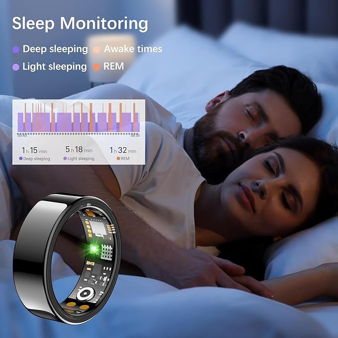 Smart Health Ring for Women Men, Fitness Tracker Ring with Heart Rate, Blood Oxygen, Sleep Tracker, Step Tracker, No Subscription Fee, IP68 Waterproof Smart Ring for iphone & Android (Black, 12#)
