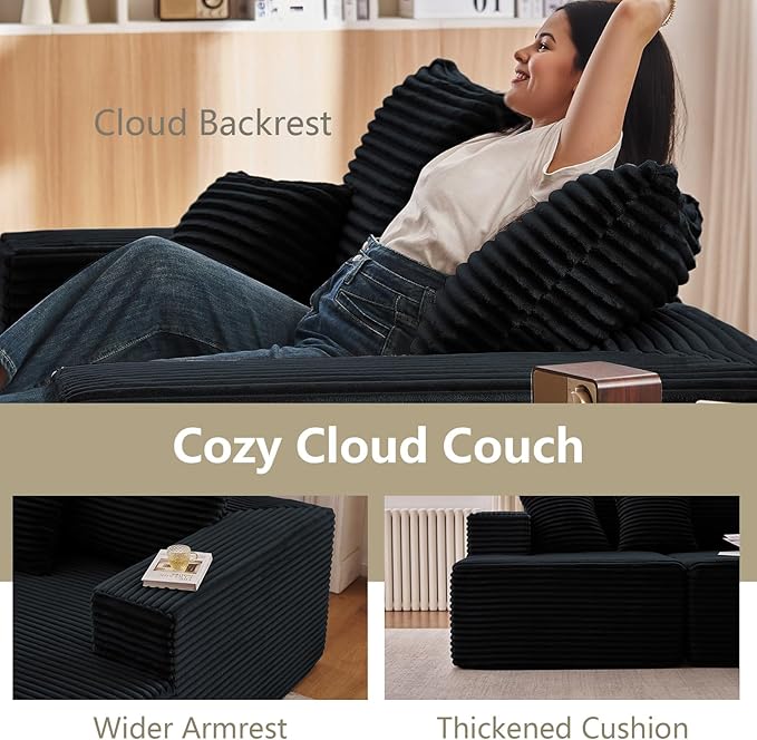 140" Sectional Cloud Couch for Living Room, Modular Floor Deep-Seat Sofa, Big Comfy Corduroy Couches Set with Fluffy Memory Foam, Stupendous U Shaped Sofas, No Assembly Required, Black