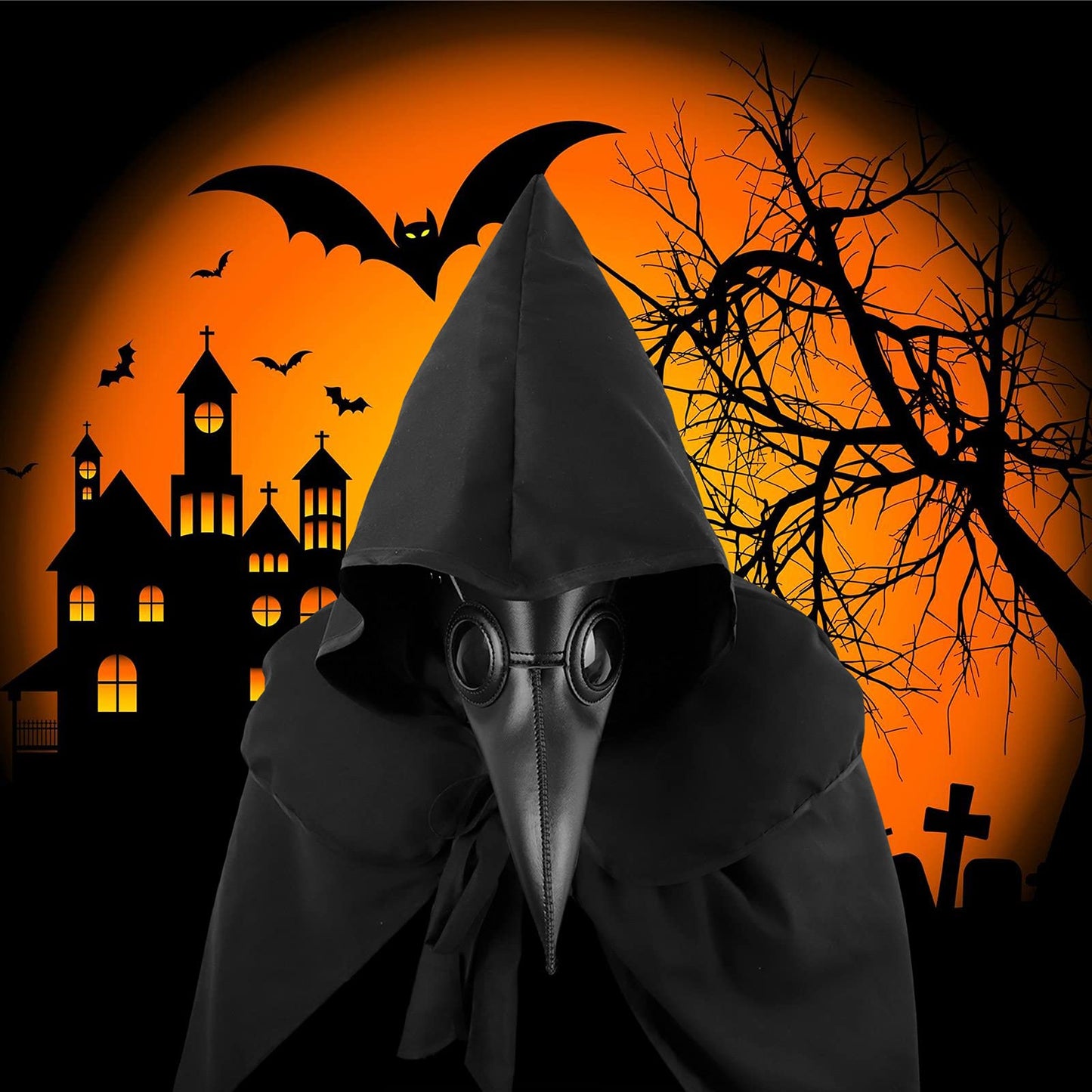 Halloween Plague Doctor Mask Plague Doctor Costume Obito Mask Steampunk Halloween Mask Horror Scary Halloween Mask Costume Props for Party Prom Halloween Gifts Set（3-pc Set） (Black), 12 inches