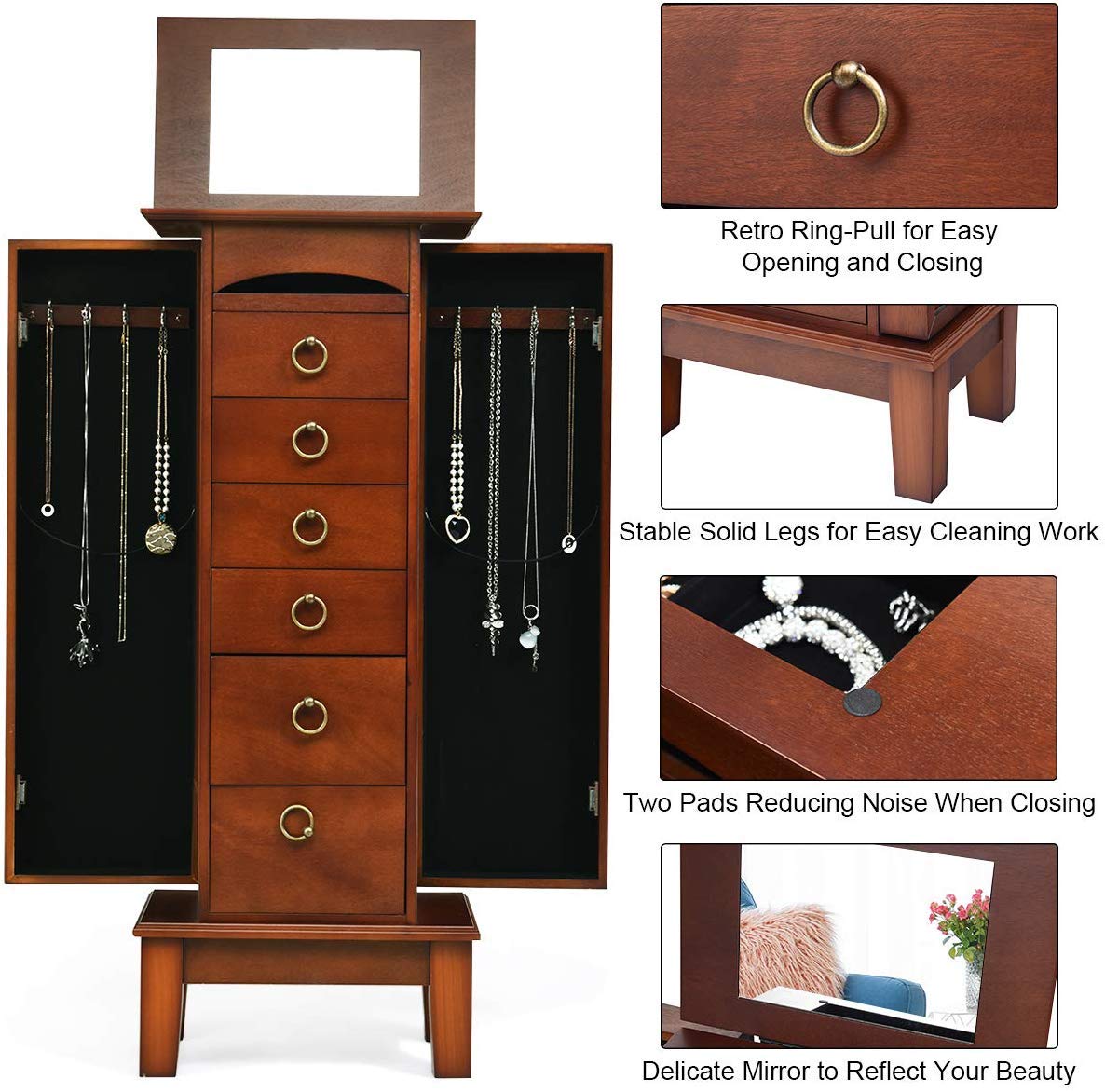 HOMGX 6 Drawers Jewelry Armoire Cabinet, Standing Jewelry Storage Chest with Mirror, 8 Necklace Hooks Wooden Jewelry Organizer, Bedroom Extra Capacity Jewelry Furniture, Walnut
