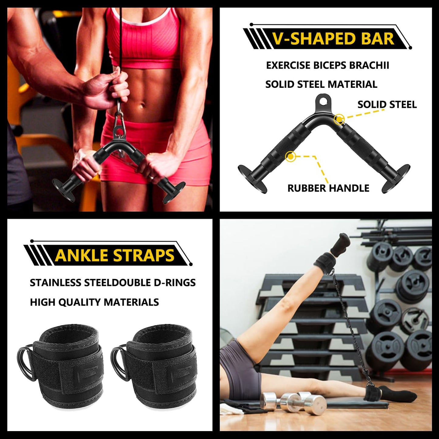 WNOEY 21 PCS Cable Attachments for Gym Set with Wide Grip LAT Pull Down Bar, LAT Pulldown Attachments, Cable Machine Attachment, Tricep Pull Down Attachment, Home Gym Accessories, Black
