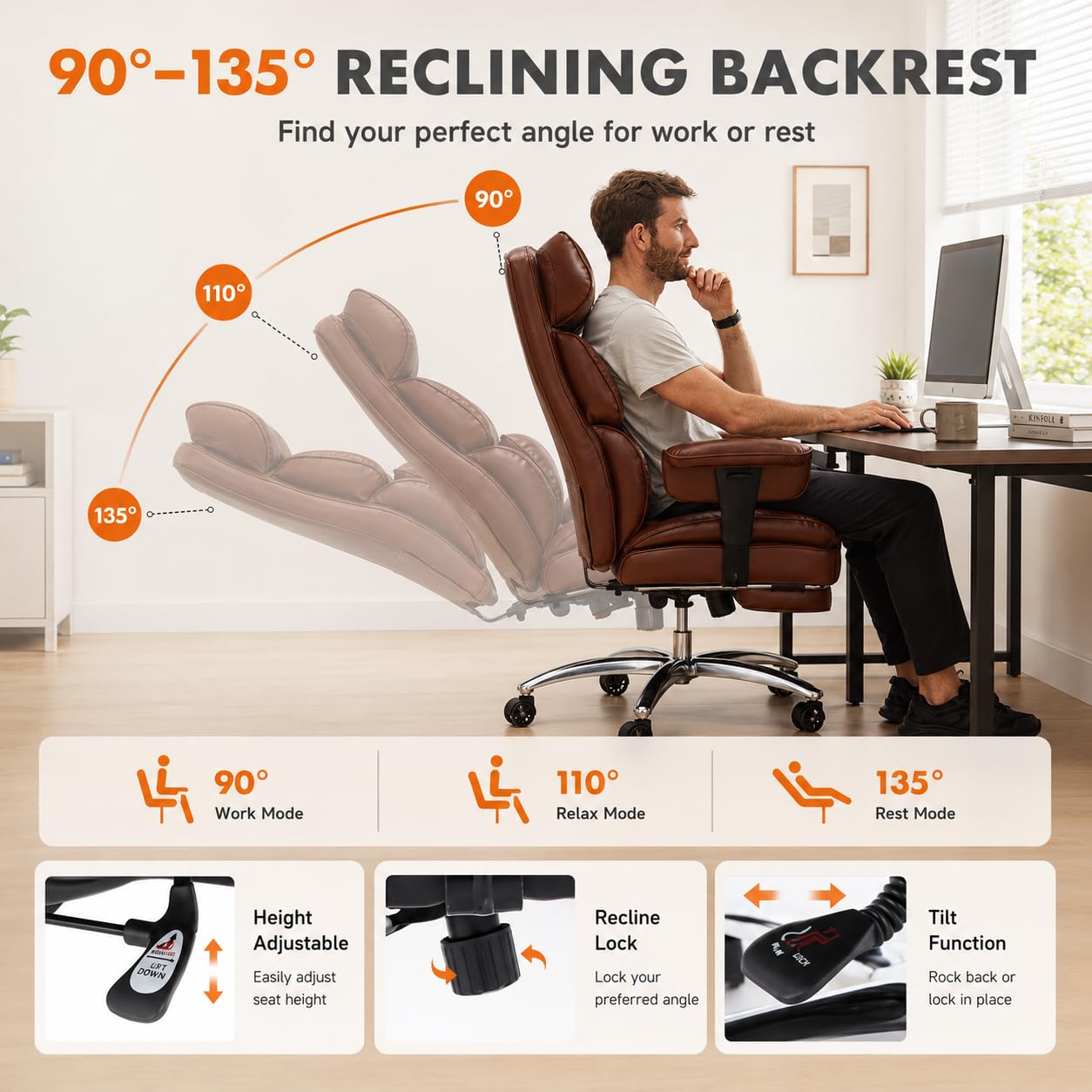 Big and Tall Ergonomic Office Chair with Footrest, Executive High Back PU Leather Desk Chair, Reclining Computer Chair with Adjustable Lumbar Support and Armrests, Swivel Rolling Gaming Chair, Brown
