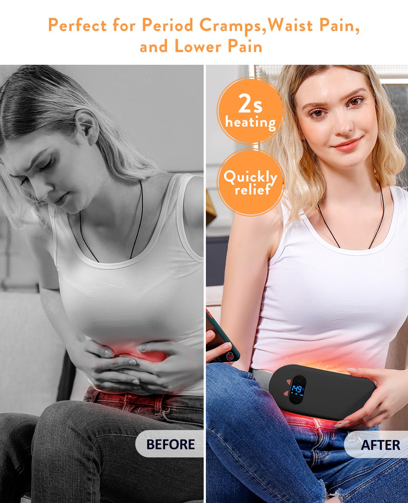 Portable Cordless Menstrual Heating Pad with 6 Heat Levels and 6 Massage Modes, Heating Pad for Period Cramps, 3s Fast Heating Gift for Women and Girl (Black)