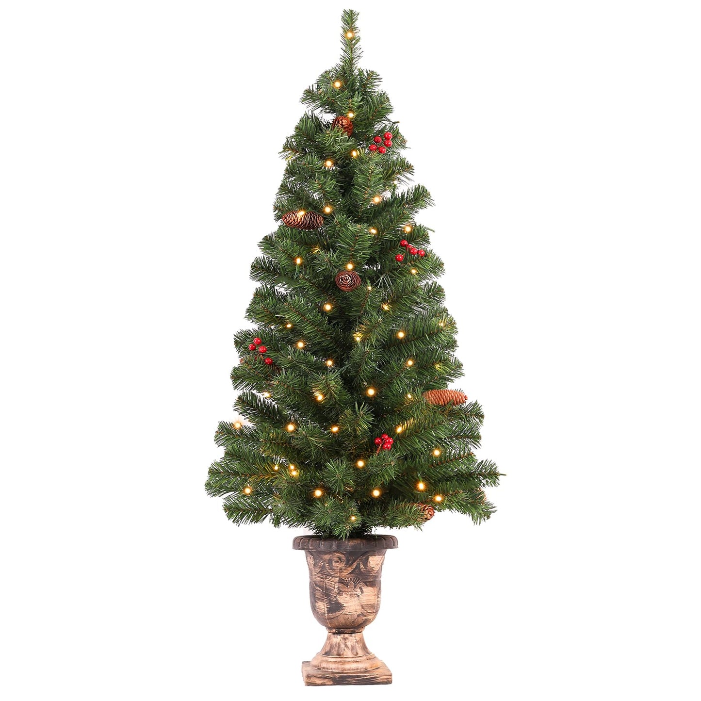 Santanelo 4FT Pre-lit Artificial Potted Christmas Tree with 50 LED Lights，Small Fake Spruce Tree,Xma Pine Cones Tree Decorated with 140 Branch Tips, Pine Cones&Red Berries, Plug in