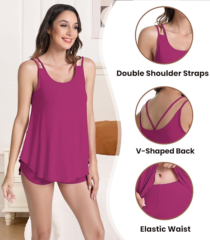 NACHILA Pajamas for Women-Viscose from Bamboo, Ribbed Racerback Tank Top Sexy Split Shorts Pajama Sets Cooling Sleep Cami Pjs
