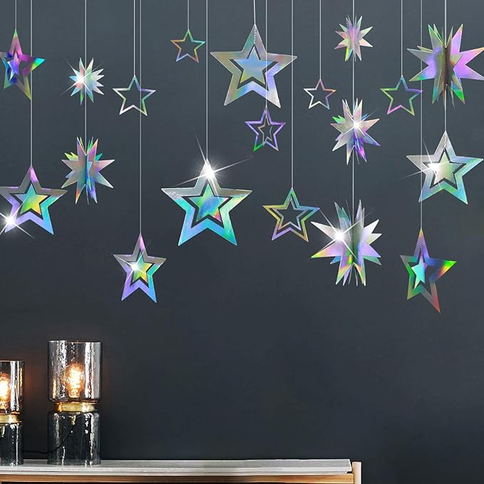 Cheerland Iridescent Star Garland Decorations Holographic Hanging Star Party Decoration Galaxy Birthday Decor Ramadan Eid ...