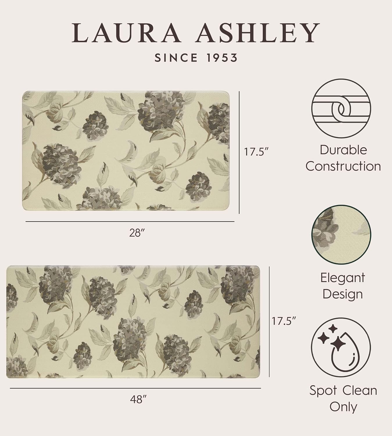 Laura Ashley – Anti-Fatigue Kitchen Mat Set| Hydrangea Floral Design | Stain, Water & Fade Resistant | Cooking & Standing Relief | Non-Slip Backing | Measures 17.5” x 48" and 17.5" x 28"| Grey