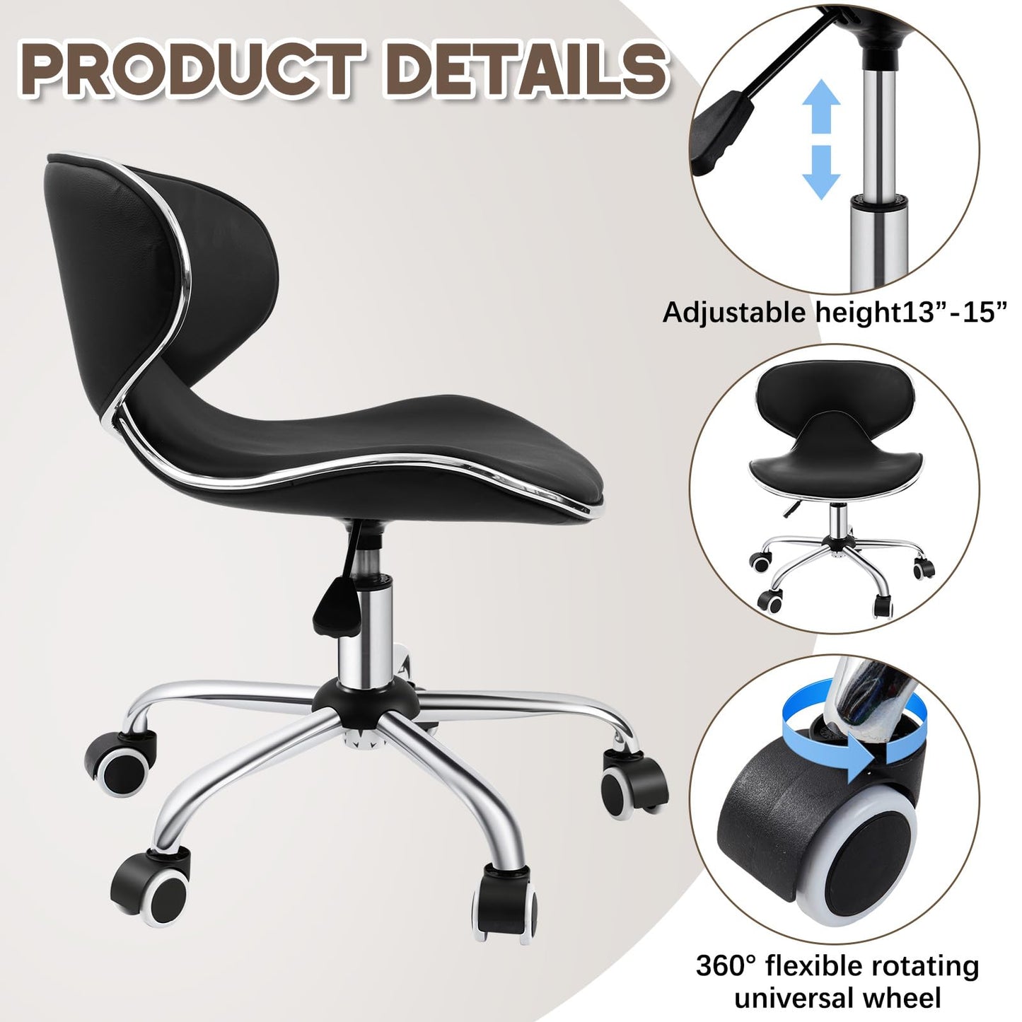 Geelin Pedicure Chair for Nail Tech, Ergonomic Back Support Rolling Stool, Adjustable Hydraulic Salon Spa Stool with Wheels, Swivel PU Leather Nail Tech Chair for Pedicure Tattoo Massage (Black)
