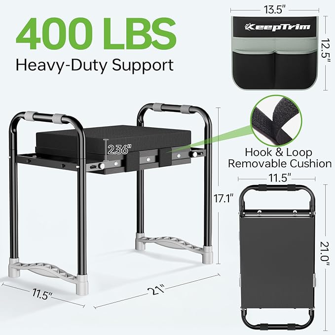 KeepTrim Garden Kneeler and Seat, Foldable Ergonomic Kneeling Bench with Tool Pouch 400 Lbs Heavy Duty 2-in-1 Comfortable Cushioned Kneeling Chair for Gardening Yard Work (Black)