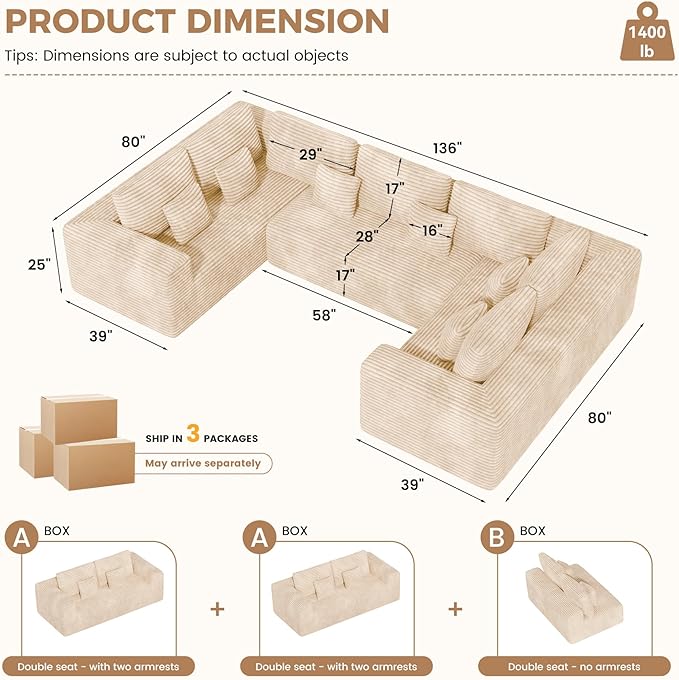 136'' Large Sectional Cloud Couches with Chaise, U Shaped Boneless Loveseat Sofa, No Assembly Required Deep Seat Modular Lounge for Living Room 3PCS Set, Bedroom(Khaki)