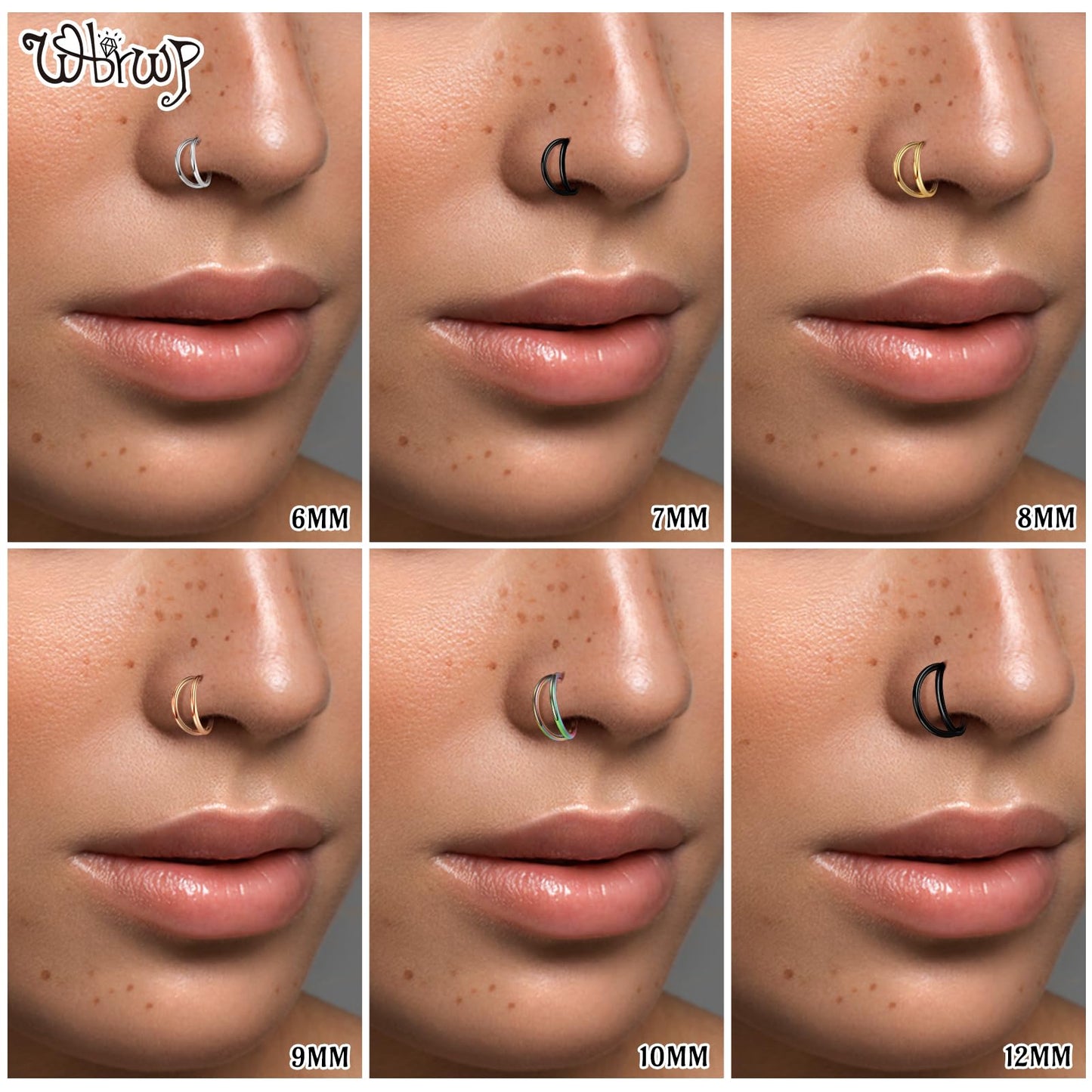 WBRWP Nose Ring Lip Rings Septum-Clicker: Double Black Ring Hoops 20G 8mm 316L Surgical Steel Sleeper Helix Rook Conch Cartilage