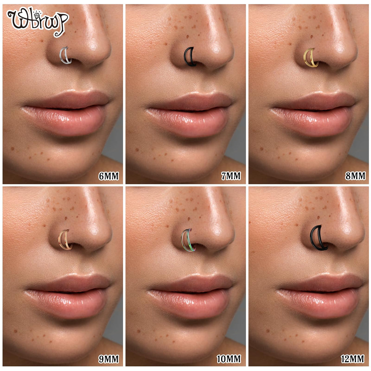 WBRWP Nose Ring Lip Rings Septum-Clicker : Double Ring Open Stacked Black Ring 18G 10mm 316L Surgical Steel Sleeper Earring Heli