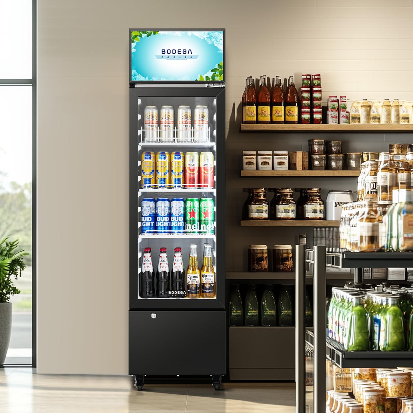 BODEGACOOLER Commercial Refrigerators, Drink Fridge with Glass Door, Tall Beverage Cooler, Single Door Display Refrigerator, for Beer, Soda, 6.34 Cu.ft Capacity