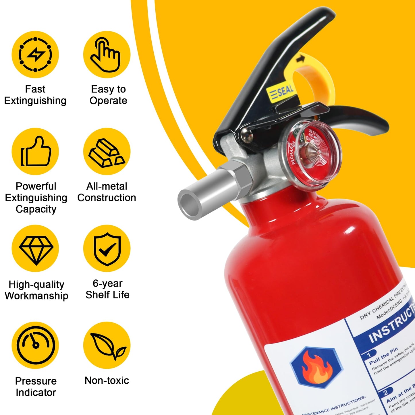 1 Pack ABC Dry Chemical Fire Extinguisher, 2.5 lb 1A:10B:C Rating for Home, Vehicle, Boat, Quick Release Handle, Compact & Portable Dry Powder Extinguishers
