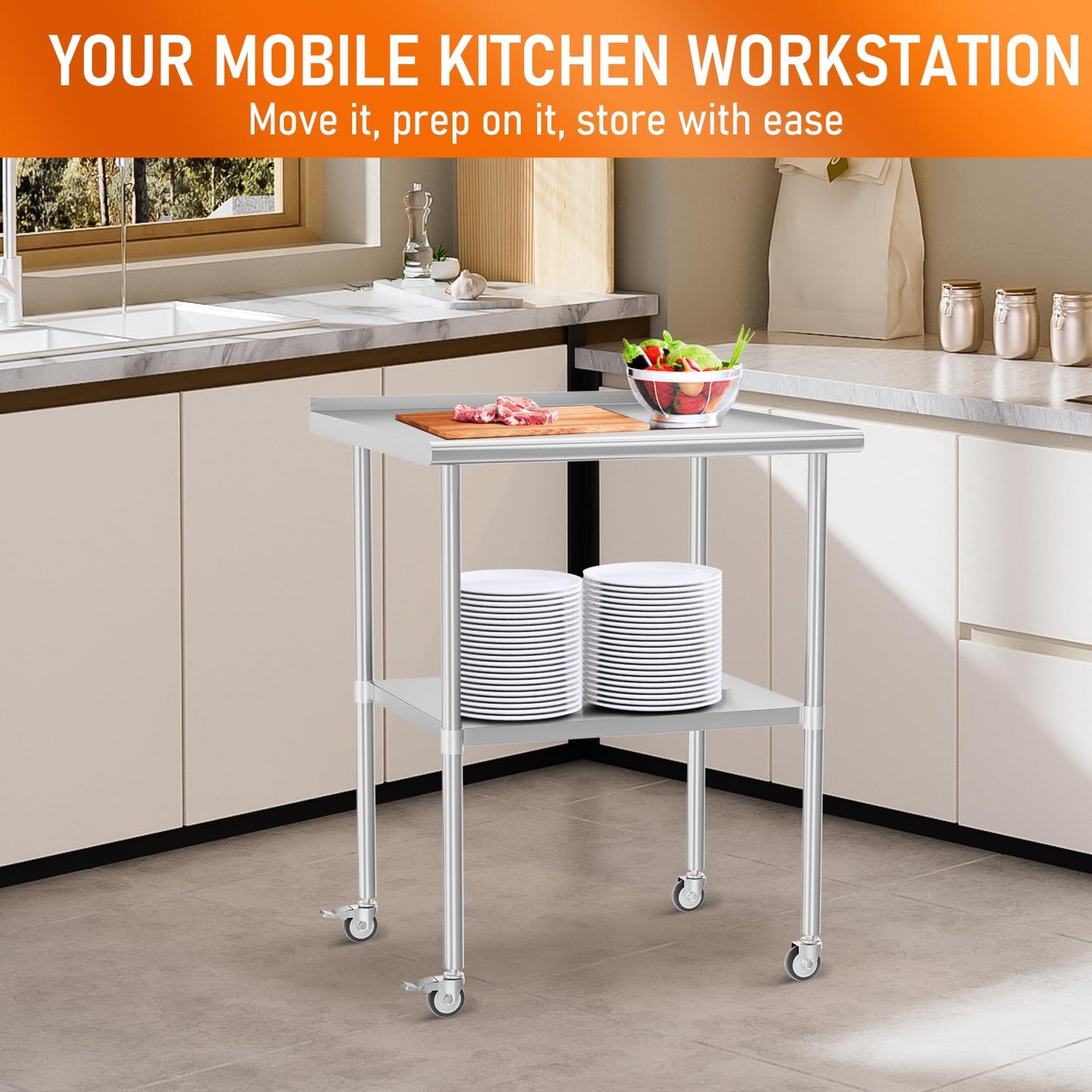 HOCCOT Stainless Steel Prep Table 30" X 30" with Adjustable Undershelf, Backsplash and Wheels, Commercial Metal Workstations for Kitchen, Garage, Outdoor BBQ