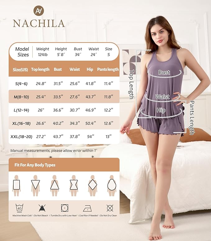 NACHILA Pajamas for Women-Viscose from Bamboo, Ribbed Racerback Tank Top Sexy Split Shorts Pajama Sets Cooling Sleep Cami Pjs