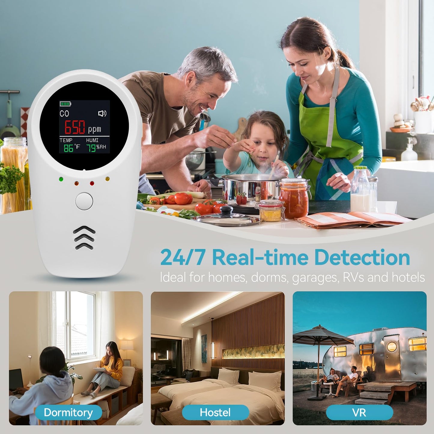 5-in-1 Carbon Monoxide Detectors,Combustible Gas Detector,Plug-in & Built-in Backup Battery,Monitoring CO,Natural Gas,Temperature and Humidity,Clear LCD Screen Sound Light Dual Alarm Detector