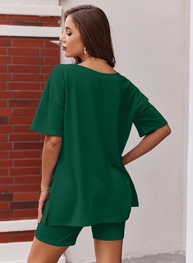 Ekouaer Womens Pajamas 2 Piece Lounge Sets Oversized V Neck T-Shirts Tops Biker Shorts Set Workout Reversible Tracksuit S-XXL