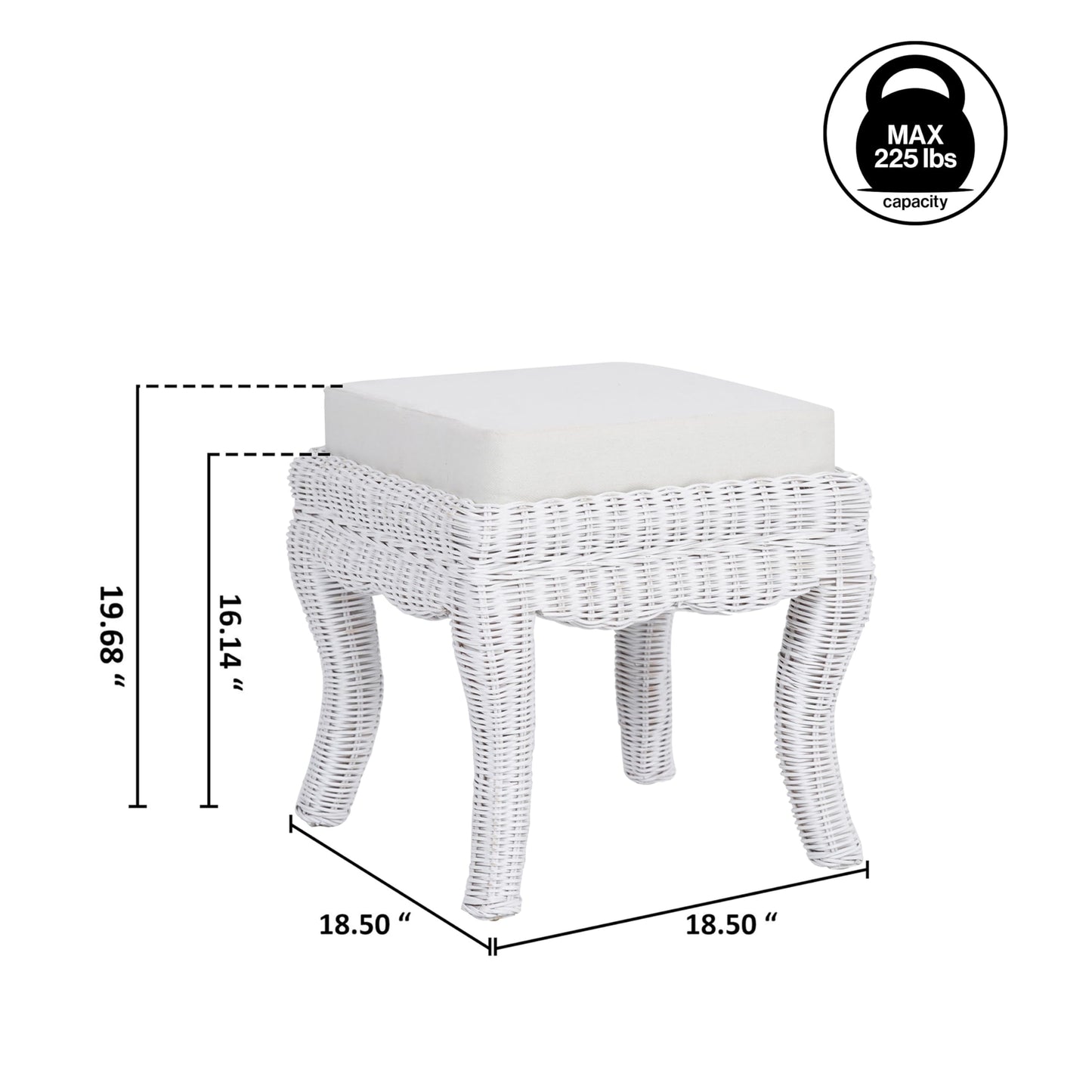 JONATHAN Y VSL1000D Rowan 19.7" Bohemian Designer Woven Rattan/Wood Ottoman Vanity Stool, White Cushion Seat with White Distressed Binded Base, for Living Room, Bedroom, Entryway, Foyer